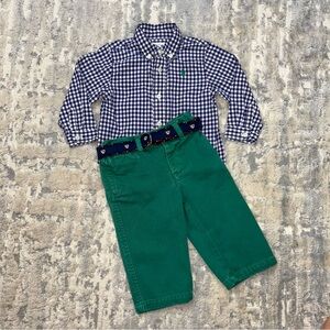 Ralph Lauren Blue White Checked Shirt & Green Pants 9 months
